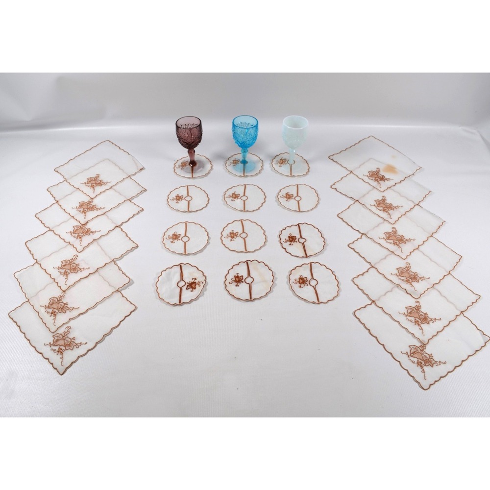 12 Vintage Cocktail Napkins & Coasters Slip-on Wine Glass Cozies Embroidered